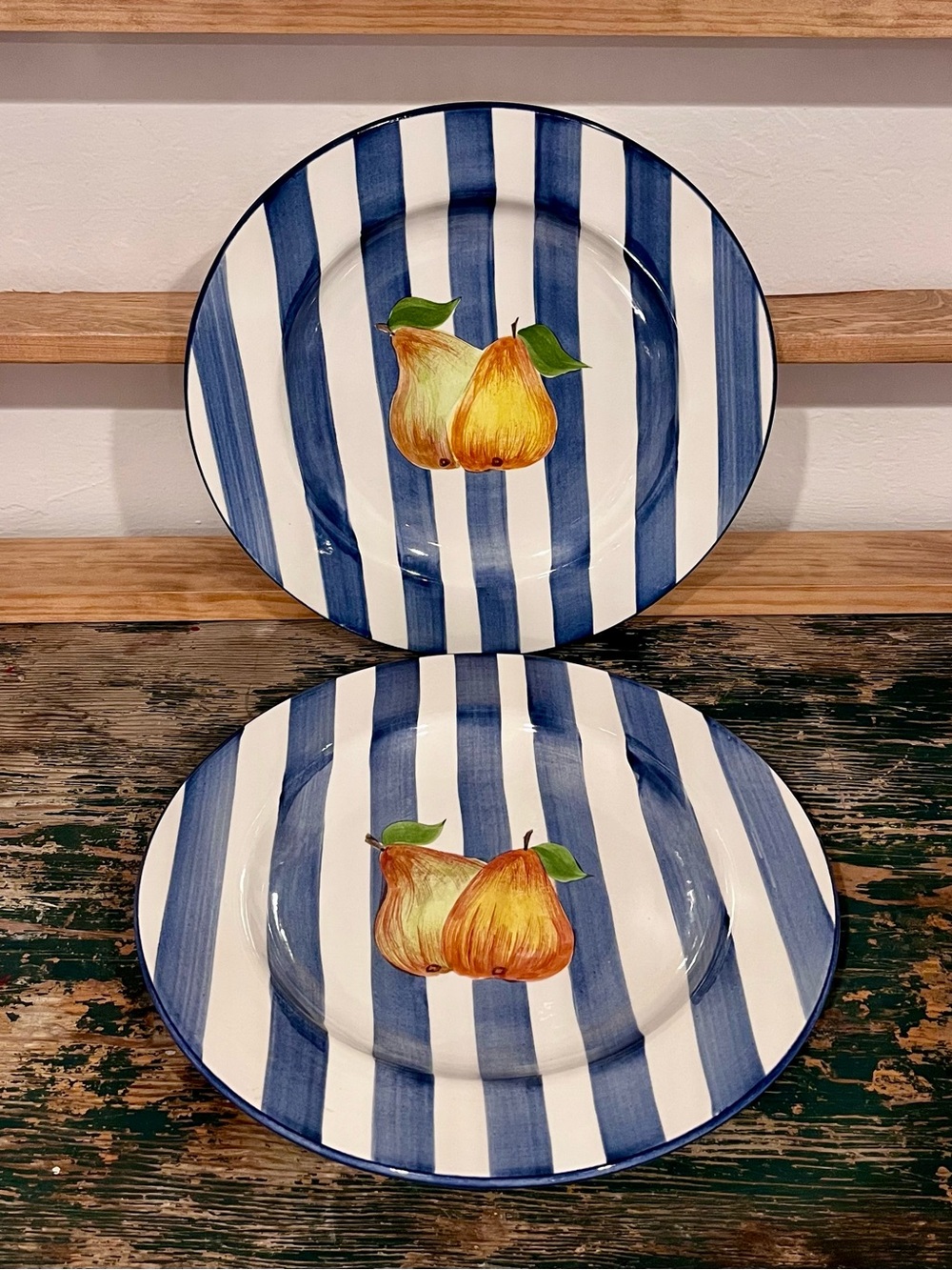 Laurie Gates Striped Blue & White with Pear Accent Dinner Plate - Set of 2